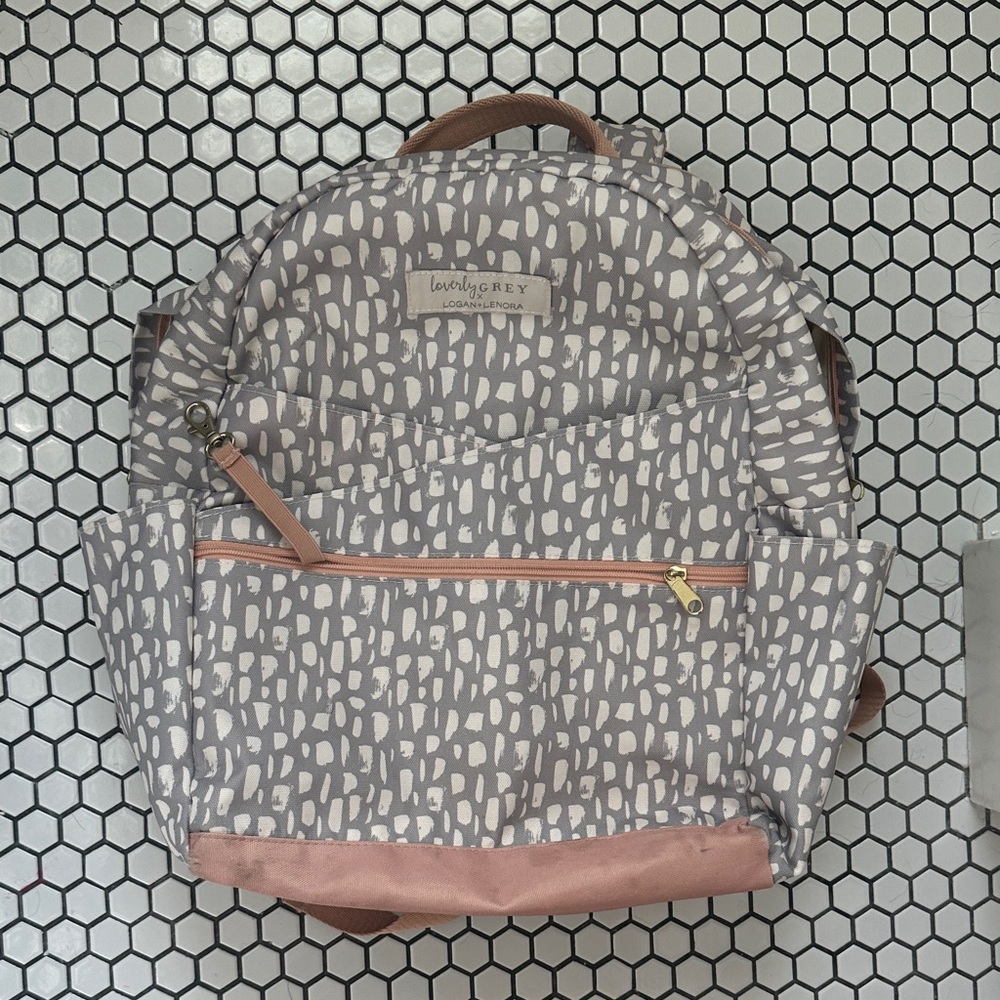 Loverly Grey Logan + Lenora Gray dots and Pink Baby Backpack